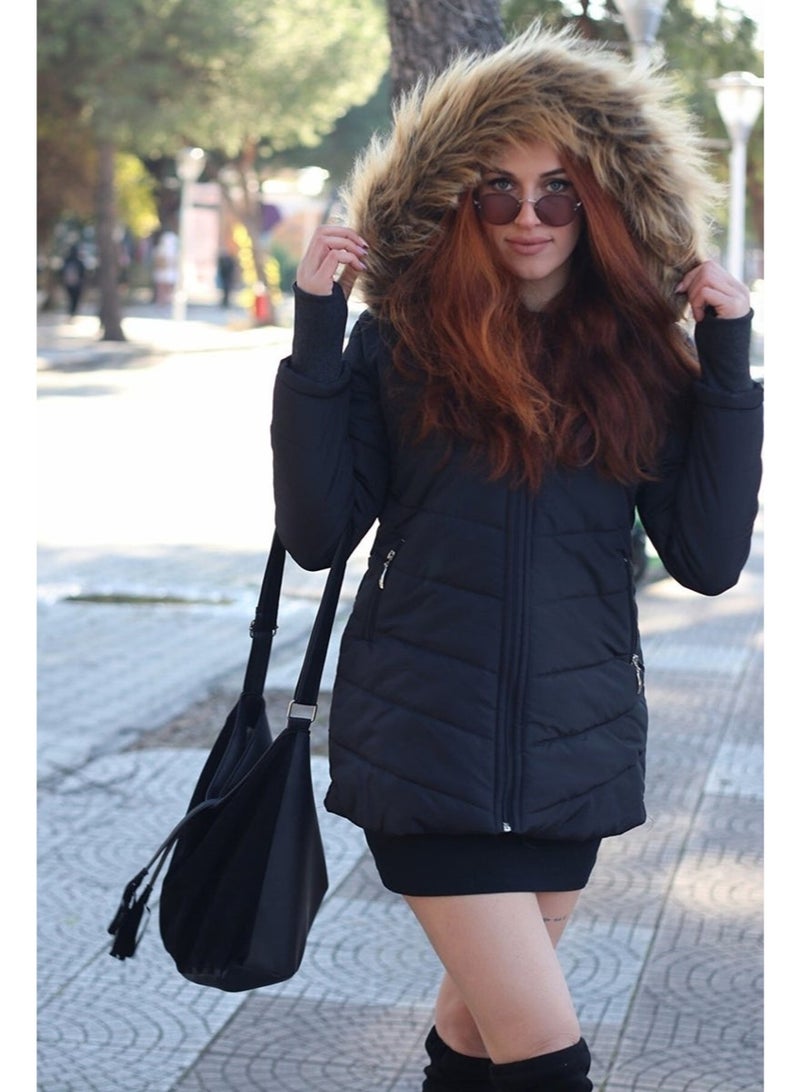 Barbora Winter Women's Puffer Coat with Gloves and Fur Hood TR121BLACK33 - Image 3